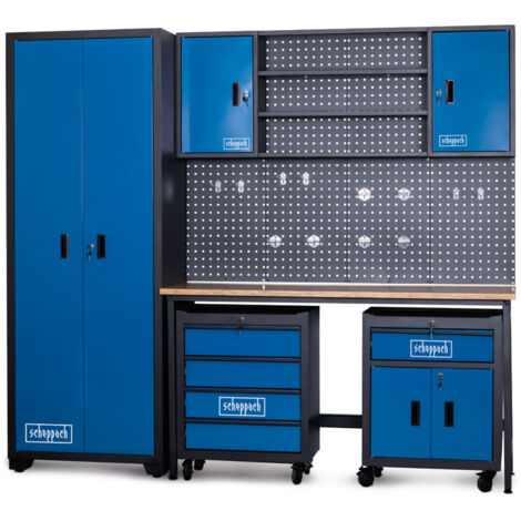 Scheppach Système modulaire d'atelier GWS08 – Atelier modulaire – Equipement d'atelier 1 armoire, 2 armoires murales, 3 étagères, 1 établi, 2 servantes d'atelier, 1 paroi perforée, 12 crochets