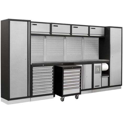 Mobilier atelier modulable avec plateau armoires et tiroirs en inox Fervi a008p
