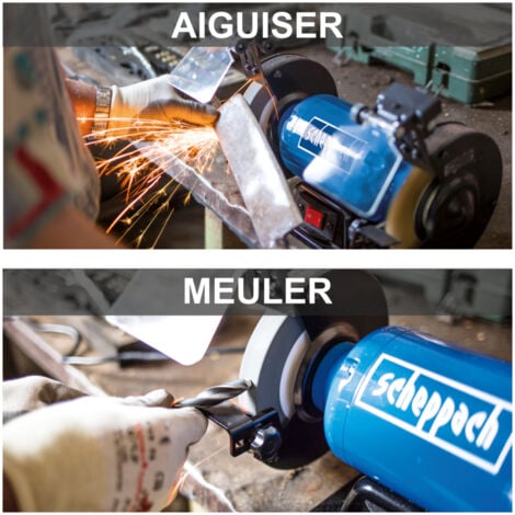 Scheppach Touret Mixte SM150LB - Puissance 400W - Meule en grain 36 Ø150mm - Brosse métallique de Ø150mm - Pare-éclats ajustables - LED - Pieds en caoutchouc - Travaux multiples