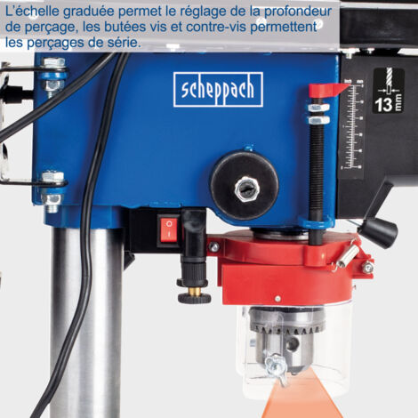 Scheppach Perceuse à colonne DP16VLS - Perceuse d’établi avec étau - 500 W - 5 Vitesses pour le bois, le métal et tous plastiques - Variable 600-2600 min-1 - Distance max 170 mm - Laser intégré