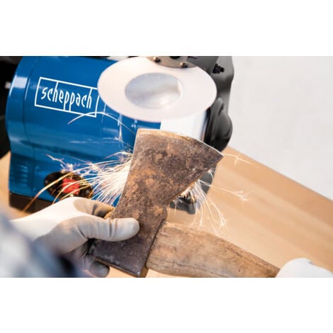 Scheppach Touret Mixte BG200AL - 4903106901-9930 - 550W - Meules Ø200mm - Grain 60 et 100 - Pare-étincelles - Porte-outils réglables - Réservoir d'eau intégré - Lampe orientable