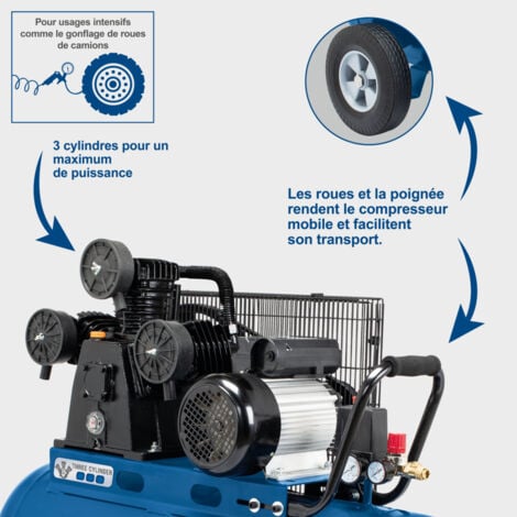 Scheppach Compresseur à air HC550TC – Tri-cylindres – Cuve 100 L – 10 bar – Entraînement par courroie – 230V – 2200 W / 3 PS – Puissance d'aspiration 550 L/min – Transport facile