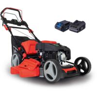 Scheppach Tondeuse à gazon hybride MS225-53E – Moteur 4 temps 224 cm3 / 6 CV – 4400 W – Largeur de coupe 53 cm – Démarrage électrique – Bac 65 L – Batteries & chargeurs inclus
