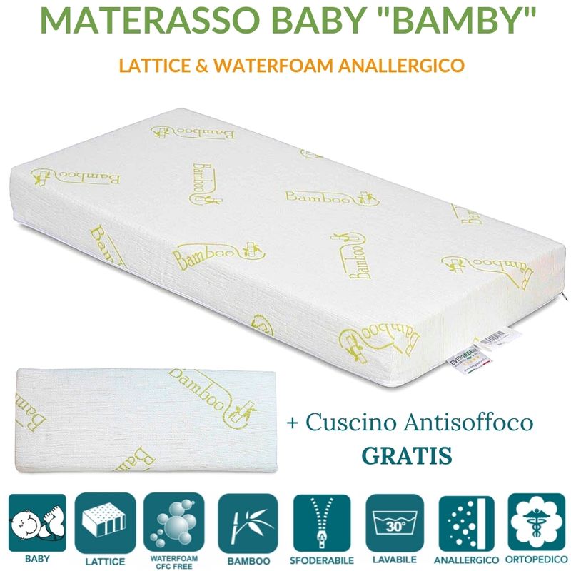 EVERGREENWEB - Materasso Lettino o Culla 70x160 in LATTICE e Waterfoam per Bambini  alto 12 cm + Cuscino ANTISOFFOCO su misura GRATIS Fodera BAMBOO, Rivestimento  Sfoderabile Anallergico Lavabile BAMBY