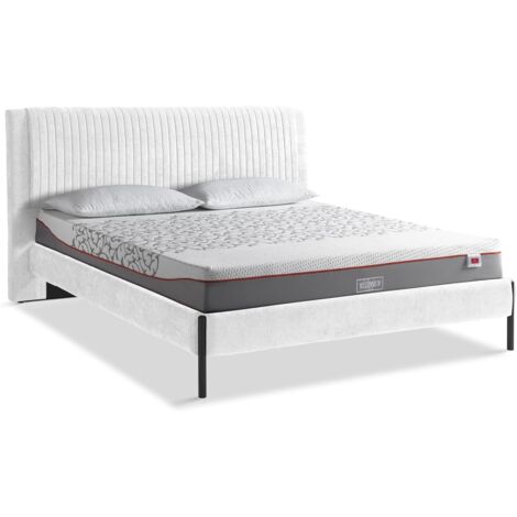 EVERGREENWEB - Letto Matrimoniale con Materasso Memory Foam + 2 Cuscini GRATIS, Rete a 26 Doghe in Legno 160x195cm, Elegante Testiera Imbottita a Strisce in Velluto Bianco, MIAMI (1/5)
