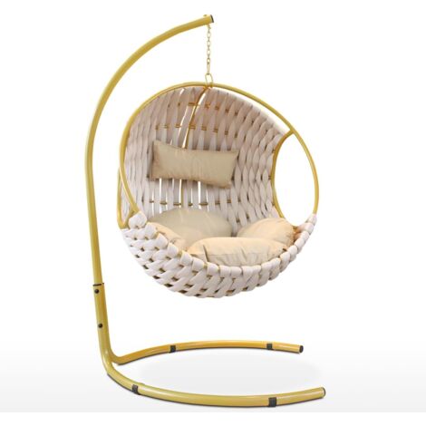 EVERGREENWEB - Dondolo da Giardino in Tessuto Champagne Imbottito Intrecciato a Mano, Elegante Poltrona Sospesa da Esterno o Interno Casa, Sedia Completa di Struttura in Acciaio e Cuscini Super Soft