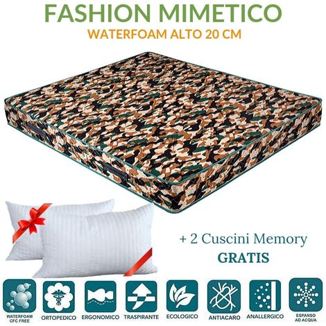 EVERGREENWEB - Materasso Singolo 80x200 in Waterfoam Alto 20 cm con CUSCINO  Memory Foam ORTOPEDICO Rivestimento effetto