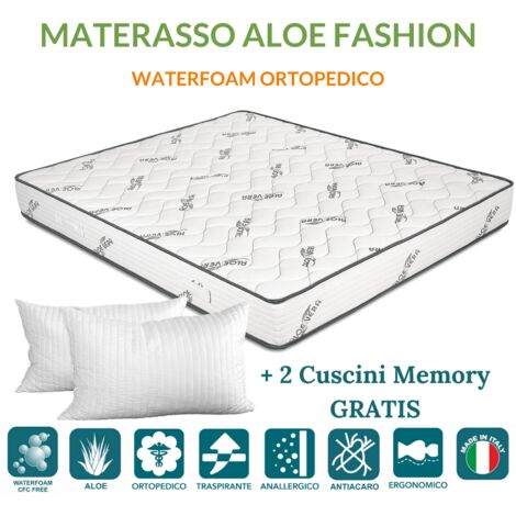 EVERGREENWEB - Materasso Matrimoniale 180x195 in Waterfoam Ortopedico Alto  20 cm + 2 Cuscini Memory Foam Gratis, Rivestimento Oli Essenziali Aloe Vera,  Tessuto Antiacaro x Tutti Letti e Reti Offerta