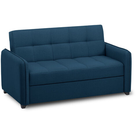 EVERGREENWEB - Divano Letto 2 posti Blu con letto estraibile e spalliera reclinabile, Divano di design Moderno con zampe in legno e cuscini in OMAGGIO, Braccioli Slim, Materasso 140x190 | ODETTE