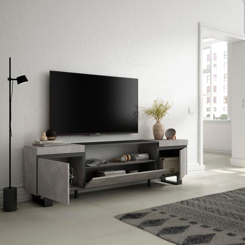 Mueble TV Televisión 150x57x35cm Para TV hasta 65 Chimenea eléctrica Diseño  industrial Blanco y negro
