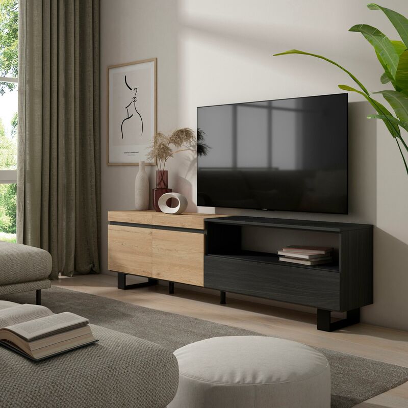 Mueble bajo de TV Trieste Homcom diseño industrial roble/negro 50x130x40 cm