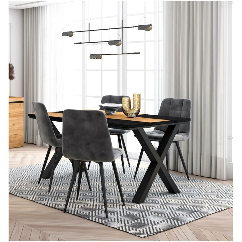 Conjunto Salón, Mesa de Comedor, 170, Roble y Negro, Estilo Industrial, Mesa  Fija, Pack de 4 Sillas de Comedor, Silla Tapizada