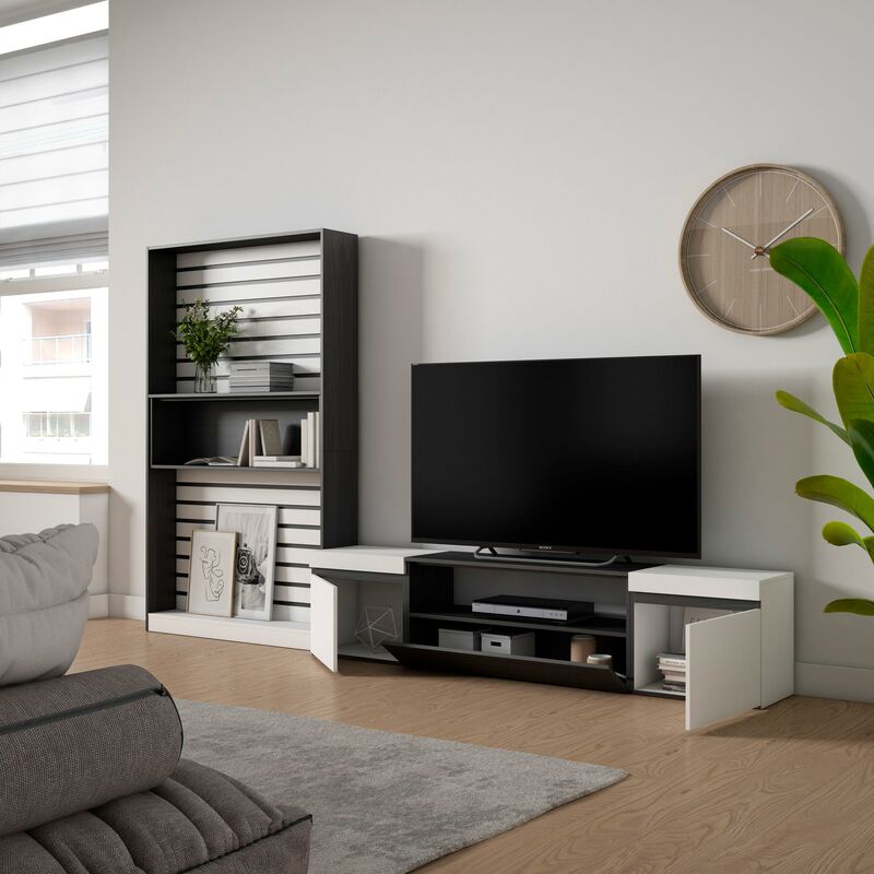 Muebles de Salón para TV, 260x186x35cm, Para TV hasta 65, Chimenea  eléctrica, Blanco y negro