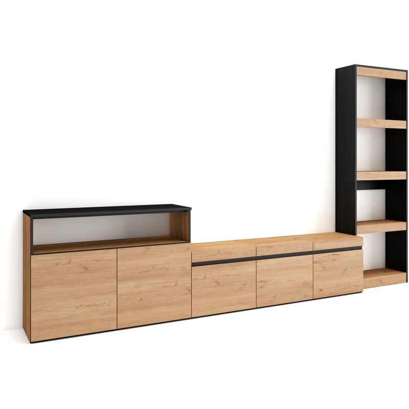 Skraut Home - Muebles de Salón para TV - Conjunto de muebles comedor -  310x186x35cm - Para TV hasta 65 - Mueble Televisión - Estilo Moderno -  Roble y negro