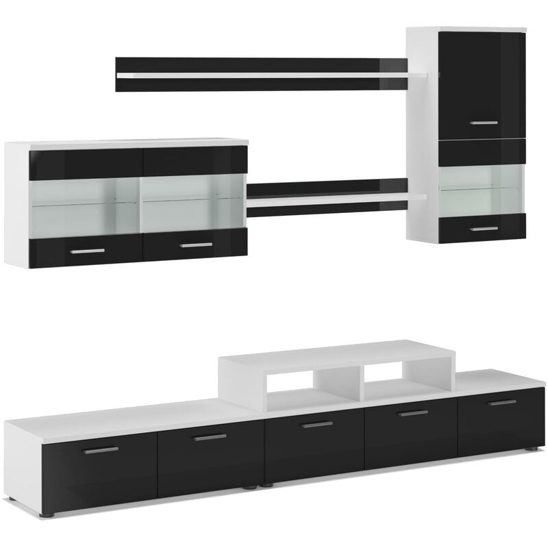 Skraut Home - Mueble para Salón - 194 x 250 x 42 cm - LED - Modelo Alfa II - Blanco/Negro