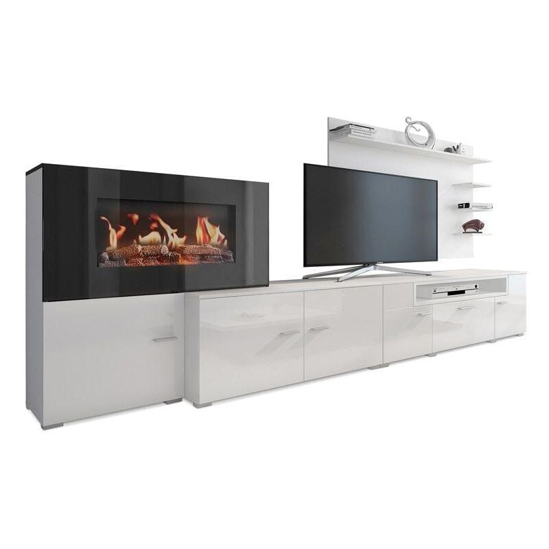 Skraut Home - Mueble de Salón con Chimenea Eléctrica - 170 x 290 x 45 cm - LED - New Olympo - Blanco