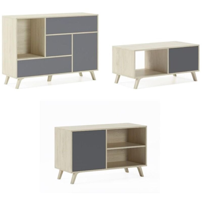 Skraut Home - Set Muebles Salón - Aparador, Mesa de Centro y Mueble TV - Modelo Wind - Roble y Gris