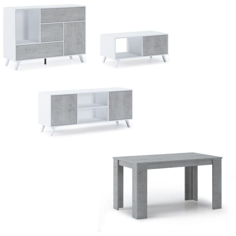 Skraut Home - Set Muebles Salón - Aparador, Mesa de Centro y Mueble TV - Modelo Wind - Blanco y Gris