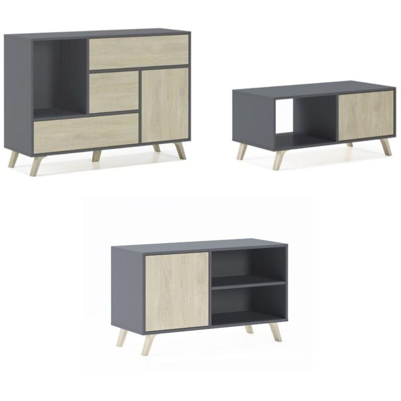 Skraut Home - Set Muebles Salón - Aparador, Mesa de Centro y Mueble TV - Modelo Wind - Gris/Roble