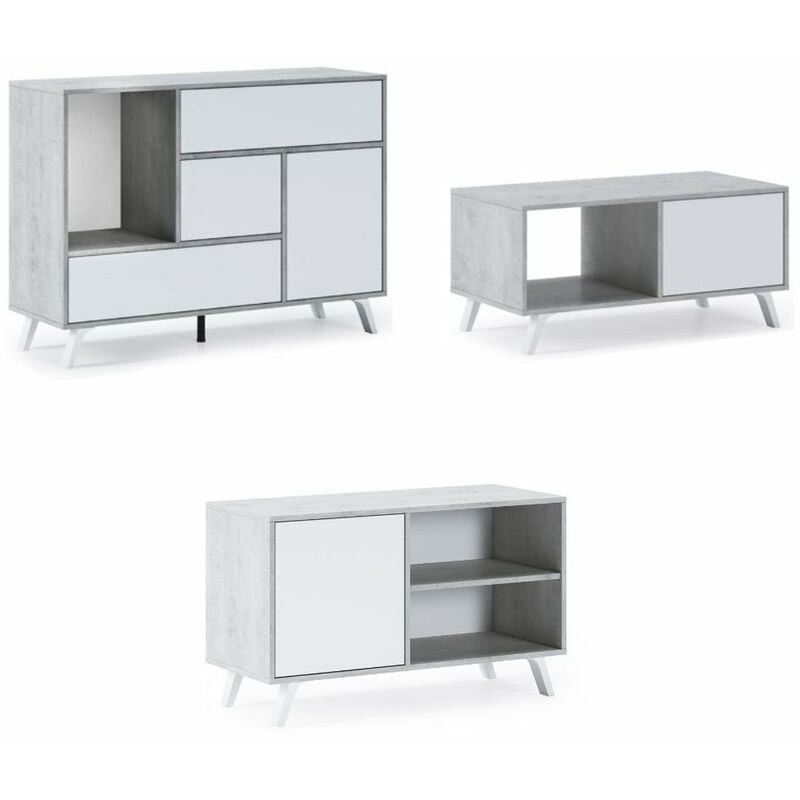 Skraut Home - Set Muebles Salón - Aparador, Mesa de Centro y Mueble TV - Modelo Wind - Gris y Blanco