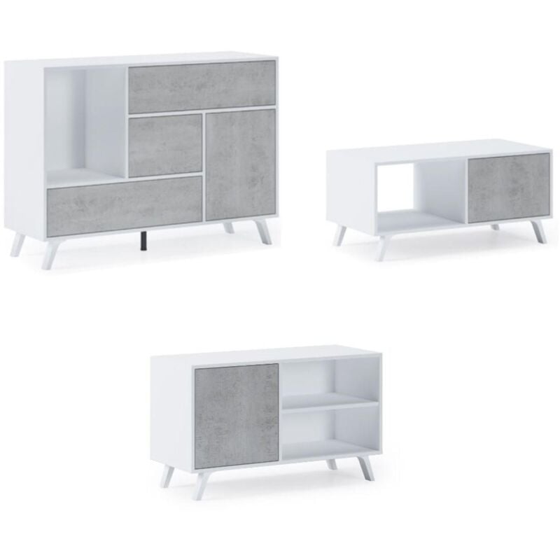 Skraut Home - Set Muebles Salón - Aparador, Mesa de Centro y Mueble TV - Modelo Wind - Blanco y Gris