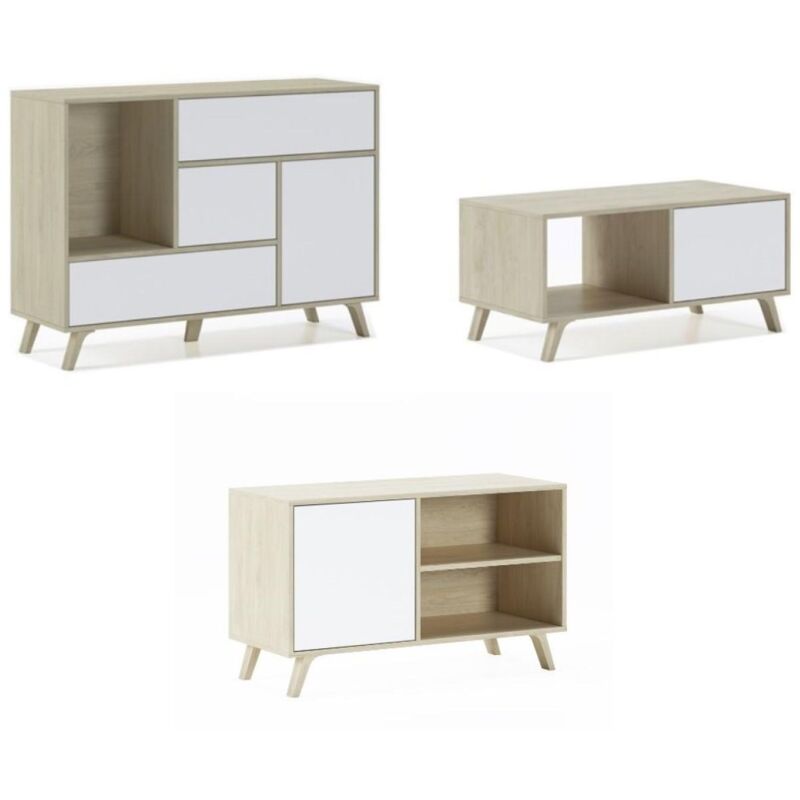 Skraut Home - Set Muebles Salón - Aparador, Mesa de Centro y Mueble TV - Modelo Wind - Roble/Blanco