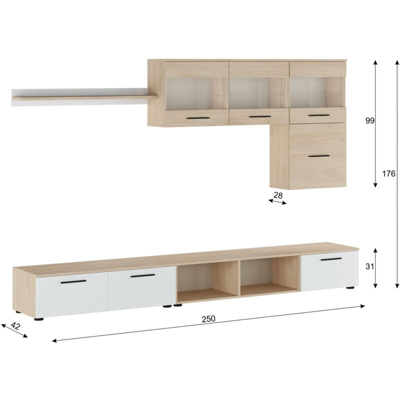 Cómoda cajonera dormitorio LENY, de 3 cajones + 1 puerta, con luces Leds.  115x82 cm. Diseño en Blanco y Roble Riviera