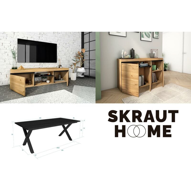 Skraut Home - Conjunto muebles salón Mesa 200 Negro patas X 10 comensales  Mueble TV 140 Aparador /