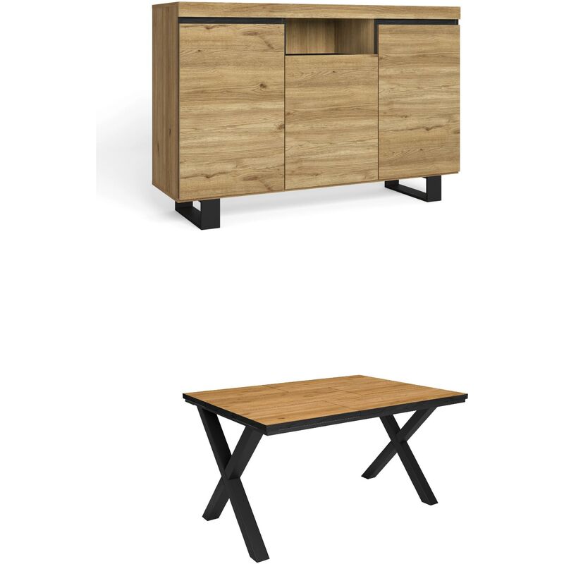 Skraut Home Conjunto salón, aparador y Mueble TV, Madera de ingeniería,  Roble, Negro, 140x39.6x80.5cm : : Hogar y cocina