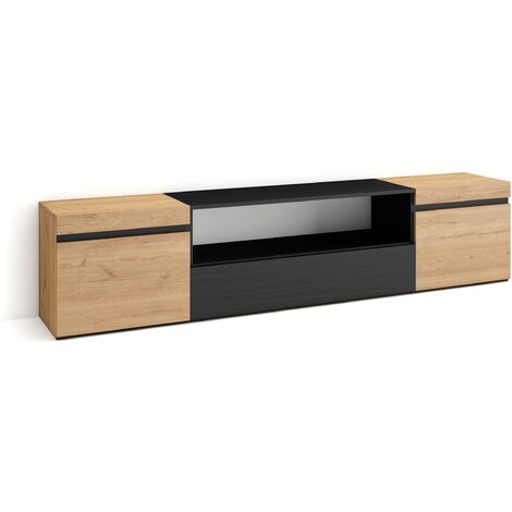 Skraut Home - Mueble TV, Televisión, Muebles de salón, almacenaje, 200x45x35cm, Para TV hasta 80", Con almacenamiento, Estilo Moderno, Roble y negro (1/5)