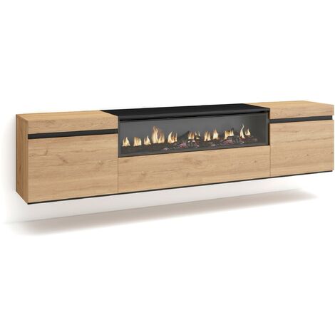 Skraut Home - Mueble TV, Televisión, Muebles de salón, almacenaje, 200x45x35cm, Para TV hasta 80", Chimenea eléctrica, Colgado, Suspendido, Estilo Moderno, Roble y negro