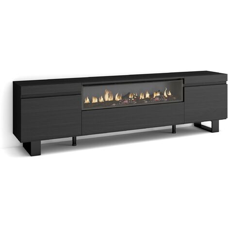Skraut Home - Mueble TV, Televisión, Muebles de salón, almacenaje, 200x57x35cm, Para TV hasta 80", Chimenea eléctrica, Diseño industrial, Estilo Moderno, Negro