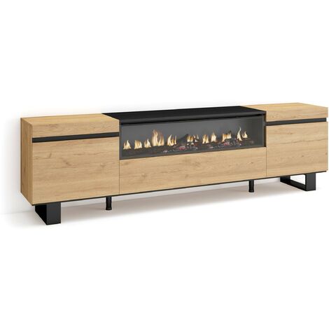 Skraut Home - Mueble TV, Televisión, Muebles de salón, almacenaje, 200x57x35cm, Para TV hasta 80", Chimenea eléctrica, Diseño industrial, Estilo Moderno, Roble y negro