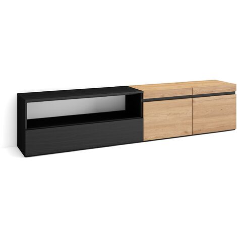 Skraut Home - Mueble TV, Televisión, Muebles de salón, almacenaje, 200x45x35cm, Para TV hasta 80", Con almacenamiento, Estilo Moderno, Roble y negro (1/5)