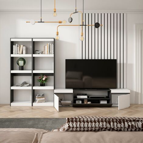 Mueble de salón de 200 cm. acabado Lacado grafito y gris de estilo