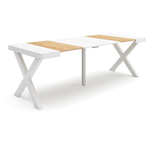 Skraut Home - Mesa Consola extensible, Mesa comedor plegable, 220, Para 10 comensales, Patas madera maciza, Estilo Moderno, Roble y blanco