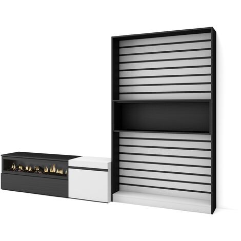Skraut Home - Muebles de Salón para TV, Conjunto de muebles comedor, 260x186x35cm, Para TV hasta 65", Chimenea eléctrica, Estilo Moderno, Blanco y negro (1/5)