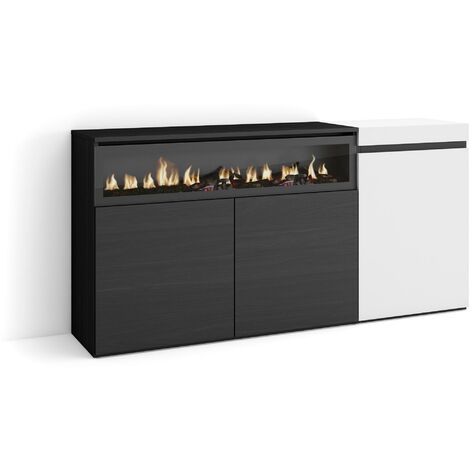 Skraut Home - Aparadores para salón, Gran capacidad de almacenaje, 150x75x35cm, 3 Puertas, Chimenea eléctrica, Estilo Moderno, Blanco y negro