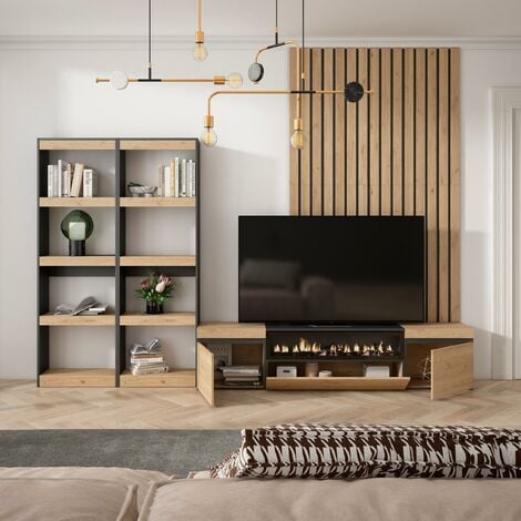 Mueble Tv 200cm Mueble TV Skraut Home - 200x45x35 Cm, Para Televisiones Hasta 80", Estilo Moderno En Roble Y Negro Mueble Tv Chimenea Electrica