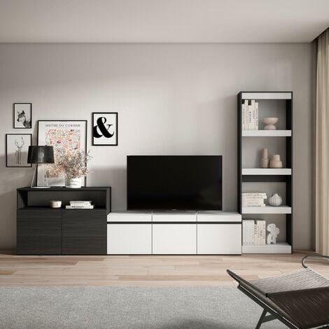 Muebles de Salón para TV, 260x186x35cm, Para TV hasta 65, Chimenea  eléctrica, Roble y negro