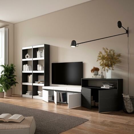 Muebles de Salón para TV, 320x186x35cm, Chimenea eléctrica, Blanco y negro