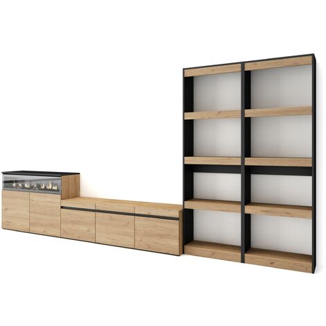 Skraut Home - Muebles de Salón para TV, Conjunto de muebles comedor, 370x186x35cm, Para TV hasta 65", Chimenea eléctrica, Estilo Moderno, Roble y negro