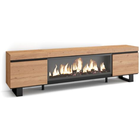 Skraut Home - Mueble TV, Televisión, Muebles de salón, almacenaje, 210, Para TV hasta 80", Chimenea eléctrica XXL, Diseño industrial, Estilo Moderno, Roble