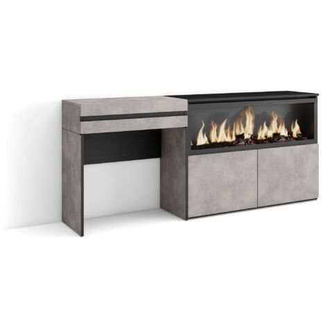 Skraut Home - Tocador, Dormitorio habitación, 177x75x35 cm, Con cajón, Chimenea eléctrica XXL, Estilo Moderno, Gris Cemento