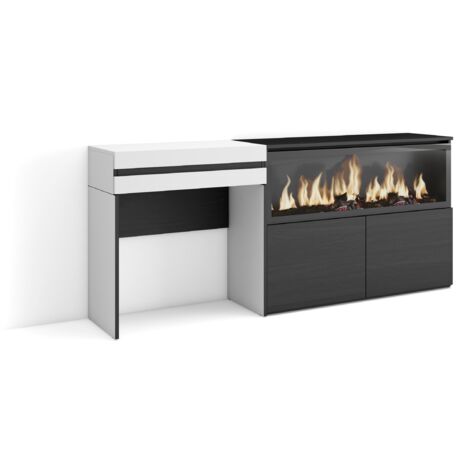 Skraut Home - Tocador, Dormitorio habitación, 177x75x35 cm, Con cajón, Chimenea eléctrica XXL, Estilo Moderno, Blanco