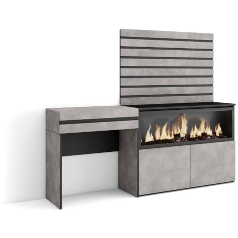 Skraut Home - Tocador, Dormitorio habitación, 177x145x35 cm, Con cajón, Chimenea eléctrica XXL, Listones Decorativos, Estilo Moderno, Gris Cemento