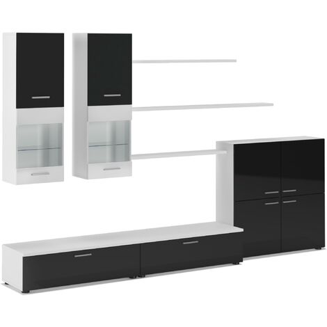 Skraut Home - Mueble comedor moderno, salón con luces Leds, acabado en Negro Brillo Lacado y Blanco Mate, medidas: 300x189x42cm