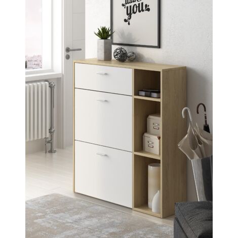 Skraut Home - Zapatero WIND, color estructura Roble, color Blanco en las 2 puertas basculantes y el cajón, medidas 90x26x101.5cm de altura.