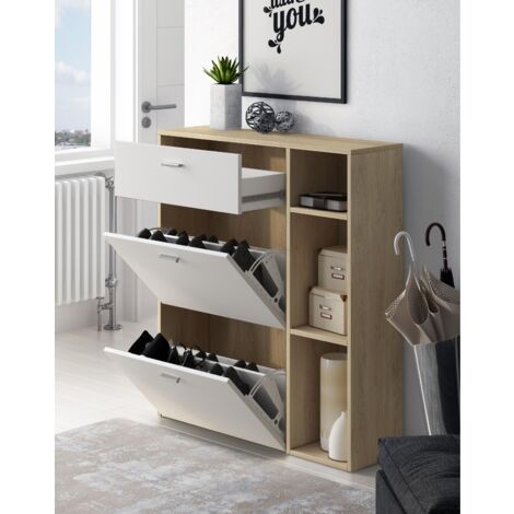 Skraut Home - Zapatero WIND, color estructura Roble, color Blanco en las 2 puertas basculantes y el cajón, medidas 90x26x101.5cm de altura.