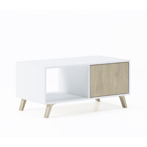 Skraut Home - Mesa de centro con puertas, salón comedor, Modelo WIND, color estructura Blanco, color puertas Roble, medidas 92x50x45cm de altura. (1/7)